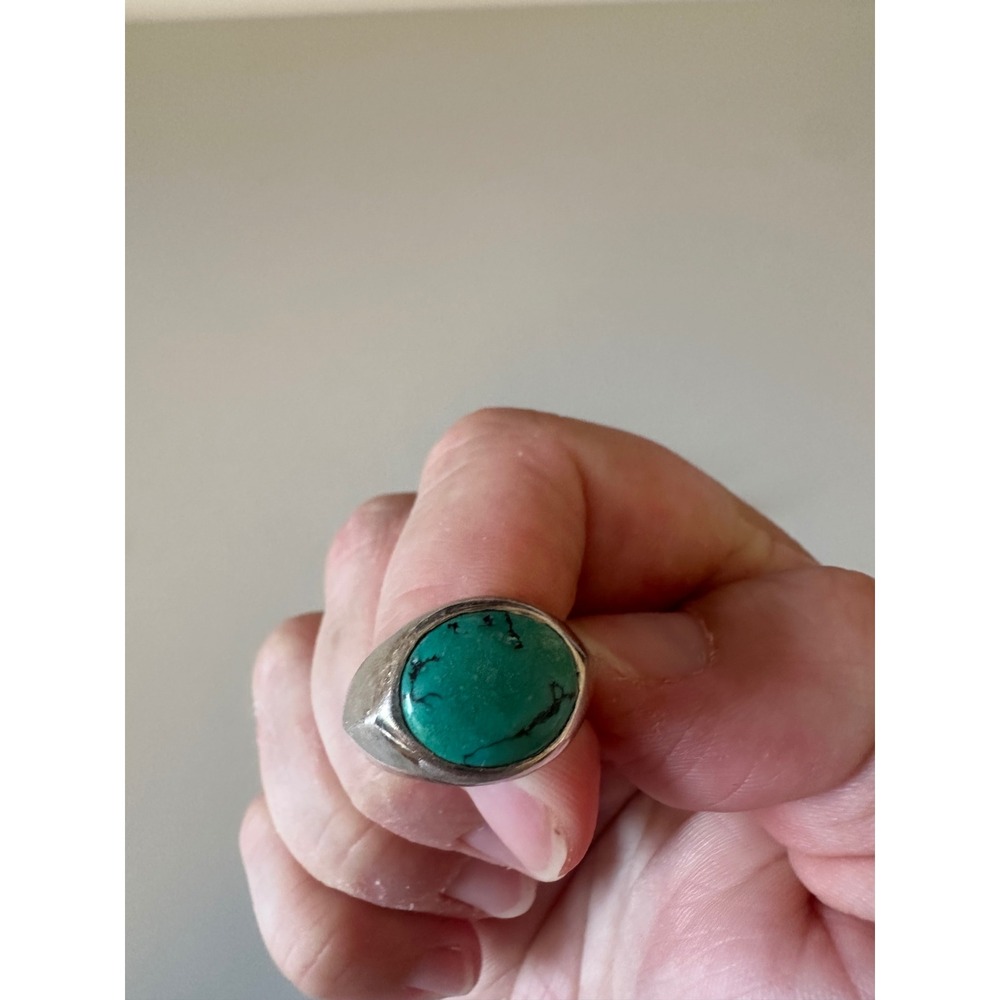 Vintage Turquoise Signet Silver Tone Ring - Picture 2 of 3